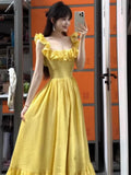 Pbong  Flying Sleeve Maxi Dresses for Women Korean New Square Collar Robe Femme Sweet Tunic Ruffles Summer Dress