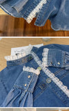 Fashion Lace Denim Shirt Women Clothing Autumn/Winter Retro Loose Casual Jackets Ruffled Collar Long Sleeve Blouses Women Tops