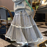 Kawaii Harajuku Plaid Skirt Women Preppy Style Sweet Long Skirts Retro Lace Patchwork A-line Ruffle Skirts Streetwear