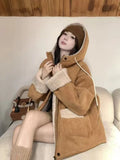Y2K Streetwear Faux Lamb Suede Jacket Women Vintage Winter Long Sleeve Hooded Coat American Retro Loose Lady Pockets Warm Tops