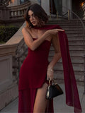 Women Elegant Solid Mesh Maxi Dress Sexy Backless Sleeveless With Scarf Slim Fits Long Robes New Evening Party Club Dresses