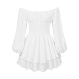Pbong  Women's Loose Playsuit Puff Long Sleeve Square Neck Ruffle Short Romper Dress Spring Fall Casual Elegant Overalls