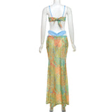Summer Sexy Print 3 Pics Dress Set Women Pleated Bra + Low Waist Print Long Skirt Suit Female Summer Vacation Beachwear Suits