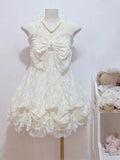 Pbong  French Style Sweet Cute Polka Dot Splicing Dress Lace Bow Korean Fashion Dresses New Design Slim Waist Lady Y2k Mini Dress