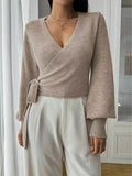 Ladies' autumn and winter fashion solid color V-neck lace up cardigan knitted sweater