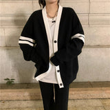 Varsity Cardigan Sweater for Women Long Sleeve V-Neck Button-up Knit Slouchy Cardi Korean School-girl Preppy Fall Winter Outfit