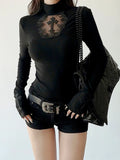 Gothic T-Shirt Cross Y2k Women Sweater Hollow Harajuku Turtleneck Pullover Japanese Fashion Slim Autumn Black Sweater Sexy