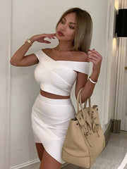 Free Shipping New Summer Dress Women Sexy Off the shoulder 2 Pieces White Bandage Dress Elegant Party Dress Vestido