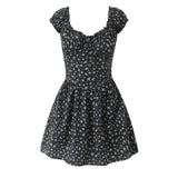 Pbong  French Retro Bow Ruched Chest V collar Corset Style Mini Dress Women Low Waist Ruffles Hem Short Puff Sleeve Swing Dresses