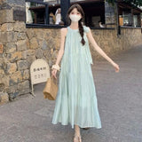 Pbong  Women's Light Green Sleeveless Halter Maxi Dress Ruffle Tiered Loose Chiffon Casual Summer Beach Party Long Dress
