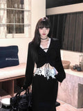 Gothic Harajuku Patchwork Lace V Neck Long Sleeve Tops Slim Fit Temperament Mermaid Long Skirts Y2k Vintage Girl Two Piece Sets