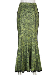Goth Dark Fairycore Grunge Vintage Green Mermaid Skirts Gothic Aesthetic High Waist Women Sexy Long Skirt Ruffles Slim Partywear