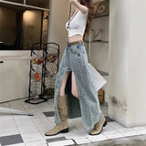 Pbong  High Waist Denim Mini Skirt Women's Slimming A- Line Long Skirt Side Slit Vintage Artistic Elegant Cotton Polyester Blend