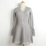 V-neck Single Breasted Twists Knitting Short Dress 2025 Casual Gray Spring Summer New Dress Fashion A-line Stripe Women Dresses
