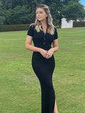 Knitted Women Bodycon Dress Sexy V-Neck Short Sleeve Split Long Dresses Autumn Black High Street Casual Party Vestidos