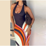 Pbong  Swirl Halter V-Neck Bodycon Maxi Dress Sleeveless Contrast Color Form-Fitting Summer Sexy Women Nightclub Evening Outfit
