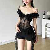 Pbong  Y2k Aesthetic Lace Irregular Tops Vintage Harajuku Hollow Out Summer T-Shirt Streetwear Sexy See Through Shirt Fairy Bandage Tee