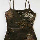 Vintage Mesh Tie Dye Flowers Printed Dress