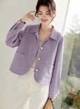 Elegant Slim Purple Jacket Women Sweet Long Sleeve Small Fragrance Coat Casual Fall Winter Lady French Pockets Fashion Tops