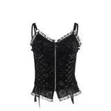Black Rose Print Lace-up Camis Tops Vintage Sexy Elegant Backless Zipper Lace Trim Sleeveless Tank Tops Women Fashion