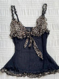 Sweet Cool Girl Mesh Patchwork Leopard Tank Tops Y2k Harajuku High Street American A-line Bow Appliques Camisole Summer Thin Tee