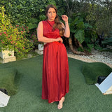 Satin Hollow Out Kink Long Dress Round Neck Sleevelss Party Dress For Summer Elegant Chic Vestidos Woman Clothing