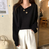 V-neck Knit Pullover Women Slouchy Long Sleeve Drop Shoulder Sweater with Buttoned Strap Cozy Knitwear Autumn Winter Chic Outfit
