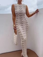 Summer Knitted O-neck Women Sleeveless Dress Sexy Bodycon Solid Strip Long Dress Fashion Office Dresses For Women