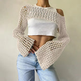 Pbong  New Harajuku Grunge Solid Slash Neck Women Crop Pullovers Y2k Aesthetic Knitted Sexy Sweaters Streetwear Hollow Out Autumn Tops