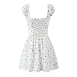 Pbong  French Retro Bow Ruched Chest V collar Corset Style Mini Dress Women Low Waist Ruffles Hem Short Puff Sleeve Swing Dresses