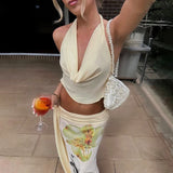 Sexy Long Skirt Two Piece Women's Set Backless Halter Top Slim Printed Elegant High Waist Skirt Summer Vacation Dress Set