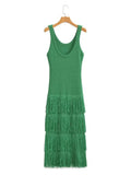 Women Solid Tassel Knitted Dresses Summer Female O-Neck Sleeveless Sheath Strap Dresses Two Colors