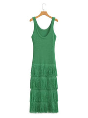 Women Solid Tassel Knitted Dresses Summer Female O-Neck Sleeveless Sheath Strap Dresses Two Colors