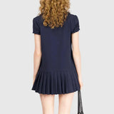 Pbong  Solid Spliced Folds Slimming Dresses for Women Lapel Short Leeve High Waist Temperament Dress Female