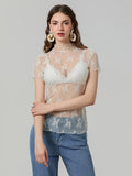 Women Lace Tops Short Sleeve Crew Neck See-through Sheer T-shirt Summer Casual Tee Shirts Clubwear