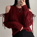 Pullovers Woman Cut-out Shoulder with Bow Long Sleeve Crew Neck Crop Sweater Cable Knit Cut-out Jumper Knitted Top Y2K