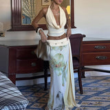 New Sexy Backless Halter Tops&Slim Printed Long Skirts Suit Elegant Swinging Collar Sleeveless Tops Half Skirt 2 Piece Set Women