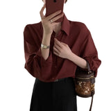 Retro Style High Temperament V-neck Women's Shirt Long Sleeved Shirt Loose Style Top Women's Clothing Red Rose white