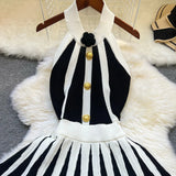 Pbong  Fashion Sexy Backless Halter Knitted Dress Women Elegant White and Black Patchwork Slim Waist Pleated Party Dress
