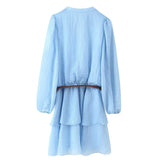 Vacation Blue Short Dress For Summer Lantern Sleeve Casual Solid Color Spring Women Dress With Belt A-line Fashion Vestidos