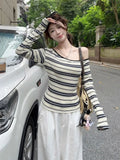 Korean Vintage Off Shoulder Striped Top Women 100% Ribbed Cotton Long sleeve T shirt Spring Autumn Basic Tees 2025 New
