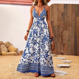 Elegant Long Printed Dress Deep V-Neck Back Crossed Cross-Border Women's Fashion Dress Sleeveless Ankle-Length China Origin