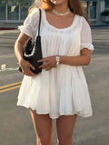 Pbong  Casual Loose White Mini Dress Women Summer Short Sleeve O-neck Lace Short Dresses Elegant