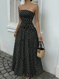 Pbong  Summer Polka Dot Strapless Sleeveless Long Dress Women Fashion Off Shoulder Slim Ruffles Dresses Elegant