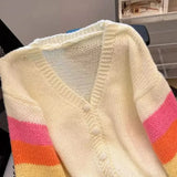 Rainbow Striped Knitted Cardigan for Women Teen-girl Cozy Soft Mohair Button Front Sweater Jacket Winter Autumn Y2K Outfit
