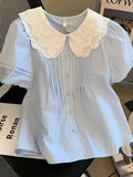 Cute Casual Blue Shirt Women Sweet Peter Pan Collar Korean Blouse Summer Puffy Sleeve Female Vintage Slim All Match Tops