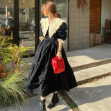 Large Turn Down Collar A-line Long Dress 2025 New Patchwork Belt Chic Black Spring Dress Loose Ruffle Fashion Summer Dresses