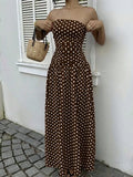 Pbong  Summer Polka Dot Strapless Sleeveless Long Dress Women Fashion Off Shoulder Slim Ruffles Dresses Elegant