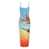 Pbong  Women's Summer Y2K Square Neck Sleeveless Adjustable Straps Sequined Leaves Print Slit Hem Contrast Color Slim Dress