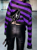 Pbong  Striped Women's Crop Sweater Punk Streetwear Korean Style Hole Thin Knitted Gothic Long Sleeve Y2k Pullover